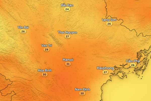 Nhiệt độ cảm nhận ở một số tỉnh thành miền Bắc vào chiều nay, 8/4. Ảnh: Zoom Earth, OpenStreetMap, ICON. Nhiệt độ cảm nhận ở một số tỉnh thành miền Bắc vào chiều nay, 8/4. Ảnh: Zoom Earth, OpenStreetMap, ICON.