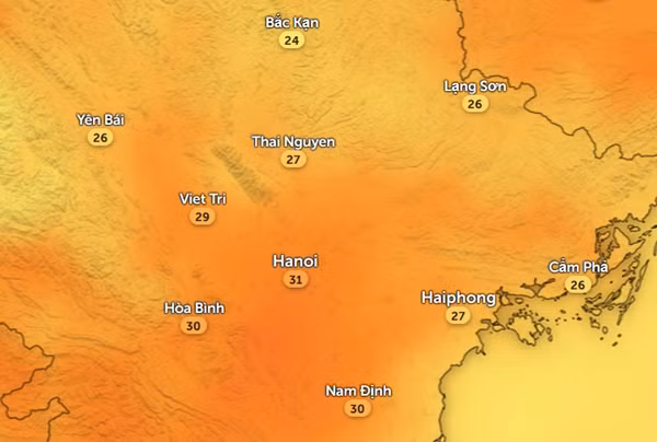 Nhiệt độ cảm nhận ở một số tỉnh thành miền Bắc vào chiều nay, 8/4. Ảnh: Zoom Earth, OpenStreetMap, ICON.