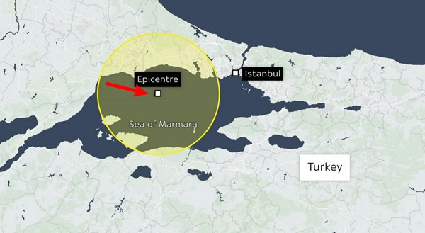 Vị trí tâm chấn của trận động đất ở khá gần Istanbul. Ảnh: Sky News. Vị trí tâm chấn của trận động đất ở khá gần Istanbul. Ảnh: Sky News.