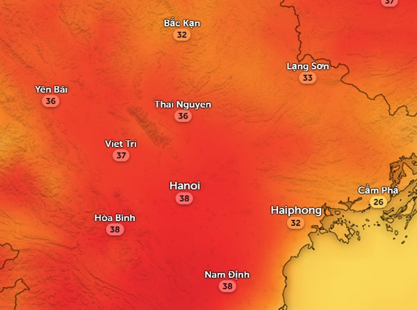 Dự báo nhiệt độ cảm nhận ở một số tỉnh thành miền Bắc chiều mai, 11/4: Nhiều nơi rất nóng bức. Ảnh: Zoom Earth, OpenStreetMap, ICON. Dự báo nhiệt độ cảm nhận ở một số tỉnh thành miền Bắc chiều mai, 11/4: Nhiều nơi rất nóng bức. Ảnh: Zoom Earth, OpenStreetMap, ICON.