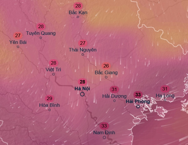 Dự báo nhiệt độ cảm nhận ở một số tỉnh thành miền Bắc vào trưa và chiều 29/5, theo mô hình GFS (Hệ thống Dự báo Toàn cầu). Ảnh: Ventusky, GFS.