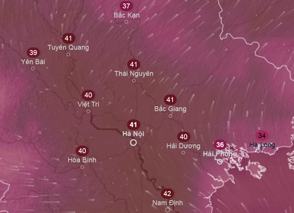 Dự báo nhiệt độ cảm nhận ở một số tỉnh thành miền Bắc chiều 5/5 - ngày đầu tiên đi làm, đi học sau nghỉ lễ. Ảnh: Ventusky, ICON.