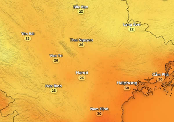 Dự báo nhiệt độ cảm nhận ở một số tỉnh thành miền Bắc vào chiều mai, 24/5 - trời mát bất ngờ (có mô hình còn dự báo nhiệt độ thấp hơn). Ảnh: Zoom Earth, OpenStreetMap, ICON. Dự báo nhiệt độ cảm nhận ở một số tỉnh thành miền Bắc vào chiều mai, 24/5 - trời mát bất ngờ (có mô hình còn dự báo nhiệt độ thấp hơn). Ảnh: Zoom Earth, OpenStreetMap, ICON.