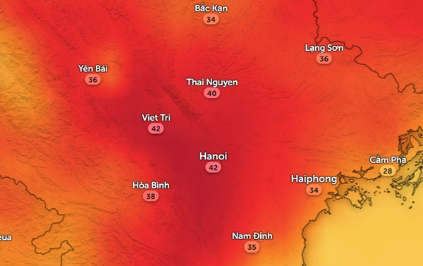 Nhiệt độ cảm nhận ở một số tỉnh thành miền Bắc chiều 21/4. Ảnh: Zoom Earth, OpenStreetMap, GFS. Nhiệt độ cảm nhận ở một số tỉnh thành miền Bắc chiều 21/4. Ảnh: Zoom Earth, OpenStreetMap, GFS.