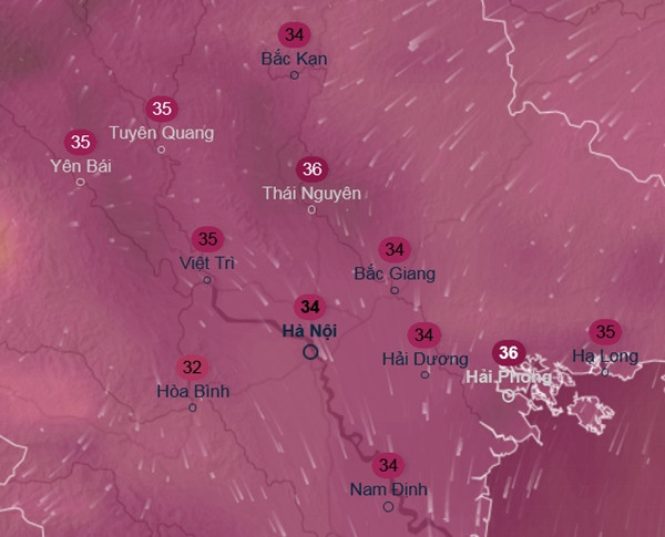 Dự báo nhiệt độ cảm nhận ở một số tỉnh thành miền Bắc vào trưa và chiều 12/7 (thứ Bảy). Ảnh: Ventusky, ICON.