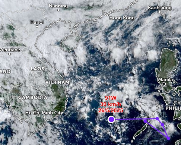 Vị trí của áp thấp 91W vào sáng 26/5. Ảnh: Zoom Earth, JMA/ NOAA/ CIRA. Vị trí của áp thấp 91W vào sáng 26/5. Ảnh: Zoom Earth, JMA/ NOAA/ CIRA.