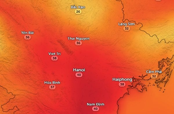 Dự báo chiều mai nhiệt độ cảm nhận ở Hà Nội có thể lại lên đến 40oC. Ảnh: Zoom Earth, OpenStreetMap, GFS. Dự báo chiều mai nhiệt độ cảm nhận ở Hà Nội có thể lại lên đến 40oC. Ảnh: Zoom Earth, OpenStreetMap, GFS.