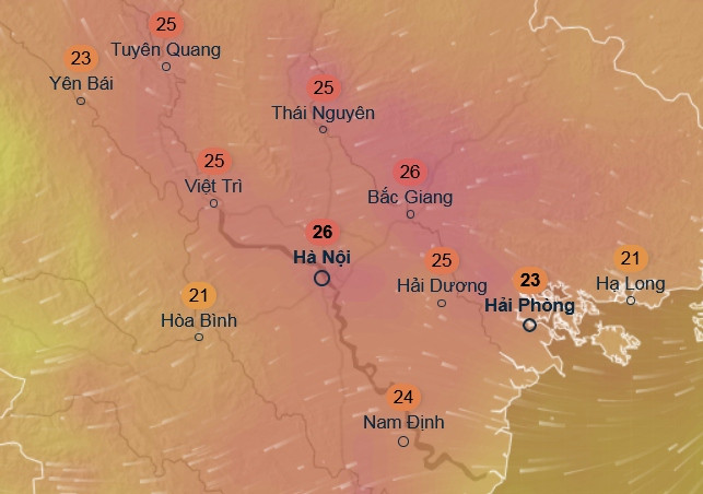 Nhiệt độ cảm nhận ở một số tỉnh thành miền Bắc vào chiều thứ Năm, 20/3: Trời ấm hẳn lên và có những nơi sẽ có nhiều nắng. Ảnh: Ventusky, GFS.