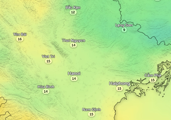 Nhiệt độ cảm nhận ở một số tỉnh thành miền Bắc vào chiều nay, 6/3. Ảnh: Zoom Earth, OpenStreetMap, ICON. Nhiệt độ cảm nhận ở một số tỉnh thành miền Bắc vào chiều nay, 6/3. Ảnh: Zoom Earth, OpenStreetMap, ICON.