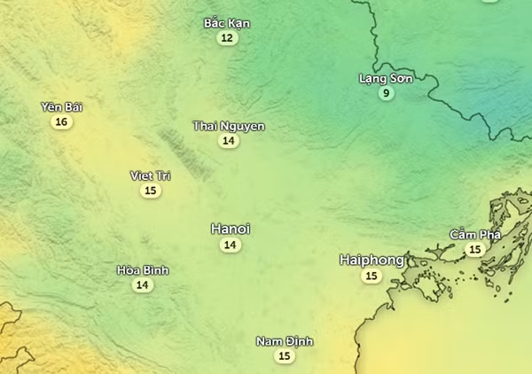 Nhiệt độ cảm nhận ở một số tỉnh thành miền Bắc vào chiều nay, 6/3. Ảnh: Zoom Earth, OpenStreetMap, ICON.