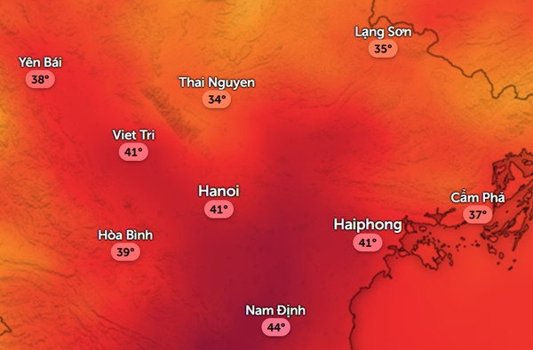 Dự báo nhiệt độ cảm nhận ở một số tỉnh thành miền Bắc vào trưa thứ Hai, 16/6: Nắng nóng dịu bớt, nhưng nhiều nơi vẫn rất nóng. Ảnh: Zoom Earth, OpenStreetMap, ICON. Dự báo nhiệt độ cảm nhận ở một số tỉnh thành miền Bắc vào trưa thứ Hai, 16/6: Nắng nóng dịu bớt, nhưng nhiều nơi vẫn rất nóng. Ảnh: Zoom Earth, OpenStreetMap, ICON.