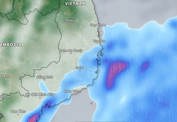 Dự báo có mưa không liên tục ở một số tỉnh thành ven biển Nam Trung Bộ và Nam Bộ trong ngày 3 - 4/1 (những vùng màu xanh là mưa nhỏ và vừa, màu đỏ là mưa vừa đến mưa to). Ảnh: Zoom Earth, OpenStreetMap, ICON.