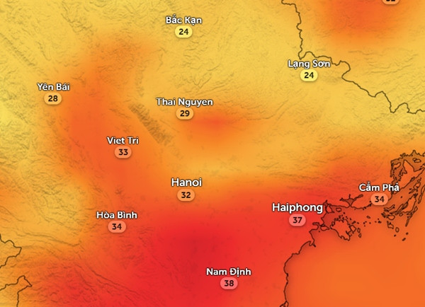 Dự báo nhiệt độ cảm nhận ở một số tỉnh thành miền Bắc vào trưa 23/5, sau đó nhiệt độ tiếp tục giảm. Ảnh: Zoom Earth, OpenStreetMap, GFS. Dự báo nhiệt độ cảm nhận ở một số tỉnh thành miền Bắc vào trưa 23/5, sau đó nhiệt độ tiếp tục giảm. Ảnh: Zoom Earth, OpenStreetMap, GFS.