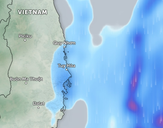 Dự báo mưa ở vùng ven biển Nam Trung Bộ vào trưa và chiều mai, 11/2. Ảnh: Zoom Earth, OpenStreetMap, ICON. Dự báo mưa ở vùng ven biển Nam Trung Bộ vào trưa và chiều mai, 11/2. Ảnh: Zoom Earth, OpenStreetMap, ICON.