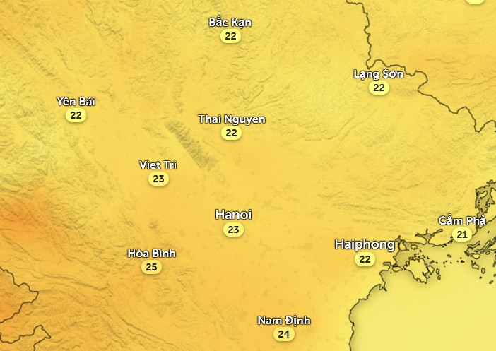 Nhiệt độ cảm nhận ở một số tỉnh thành miền Bắc vào chiều mai, 27/2. Ảnh: Zoom Earth, OpenStreetMap, ICON. Nhiệt độ cảm nhận ở một số tỉnh thành miền Bắc vào chiều mai, 27/2. Ảnh: Zoom Earth, OpenStreetMap, ICON.