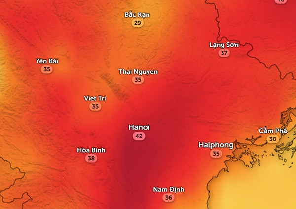 Nhiệt độ cảm nhận ở một số tỉnh thành miền Bắc đầu giờ chiều nay, 22/4. Ảnh: Zoom Earth, OpenStreetMap, GFS.
