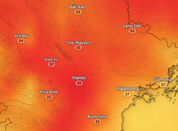 Nhiệt độ cảm nhận ở một số tỉnh thành miền Bắc chiều mai, 18/4. Ảnh: Zoom Earth, OpenStreetMap, GFS.