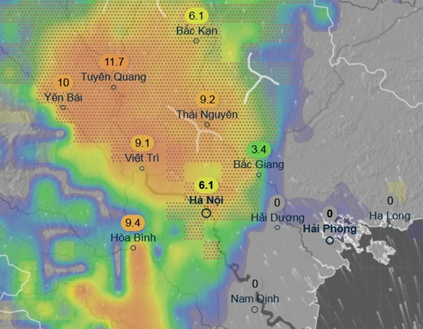 Dự báo mưa diện rộng ở miền Bắc vào tối 28/6 (thứ Bảy). Những con số trong hình là lượng mưa (dự báo) trong 3 giờ. Ảnh: Ventusky, ICON.