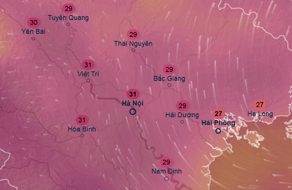 Dự báo nhiệt độ trưa và chiều ngày 14/3 ở một số tỉnh thành miền Bắc: Trời ấm đến nóng. Ảnh: Ventusky, GFS. Dự báo nhiệt độ trưa và chiều ngày 14/3 ở một số tỉnh thành miền Bắc: Trời ấm đến nóng. Ảnh: Ventusky, GFS.