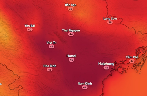Nhiệt độ cảm nhận ở một số tỉnh thành miền Bắc chiều 2/6. Ảnh: Zoom Earth, OpenStreetMap, GFS.
