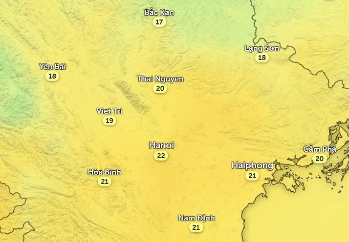 Nhiệt độ cảm nhận ở một số tỉnh thành miền Bắc vào chiều mai, 19/2: Trời đỡ rét, mưa giảm, nồm ẩm tiếp tục. Ảnh: Zoom Earth, OpenStreetMap, ICON. Nhiệt độ cảm nhận ở một số tỉnh thành miền Bắc vào chiều mai, 19/2: Trời đỡ rét, mưa giảm, nồm ẩm tiếp tục. Ảnh: Zoom Earth, OpenStreetMap, ICON.