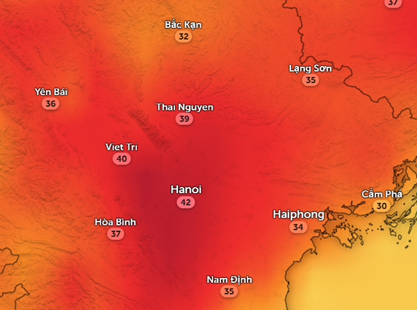 Nhiệt độ cảm nhận ở một số tỉnh thành miền Bắc chiều nay, 21/4. Ảnh: Zoom Earth, OpenStreetMap, GFS. Nhiệt độ cảm nhận ở một số tỉnh thành miền Bắc chiều nay, 21/4. Ảnh: Zoom Earth, OpenStreetMap, GFS.