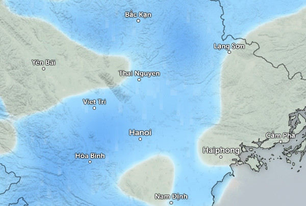 Dự báo mưa (những vùng màu xanh da trời) ở một số tỉnh thành miền Bắc vào sáng Chủ Nhật, 6/4. Ảnh: Zoom Earth, OpenStreetMap, ICON. Dự báo mưa (những vùng màu xanh da trời) ở một số tỉnh thành miền Bắc vào sáng Chủ Nhật, 6/4. Ảnh: Zoom Earth, OpenStreetMap, ICON.