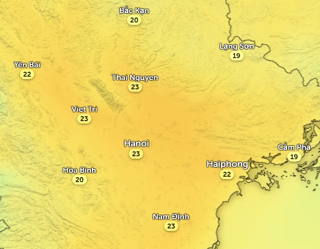 Nhiệt độ cảm nhận ở một số tỉnh thành miền Bắc vào đầu giờ chiều nay, 16/1. Ảnh: Zoom Earth, OpenStreetMap, ICON.