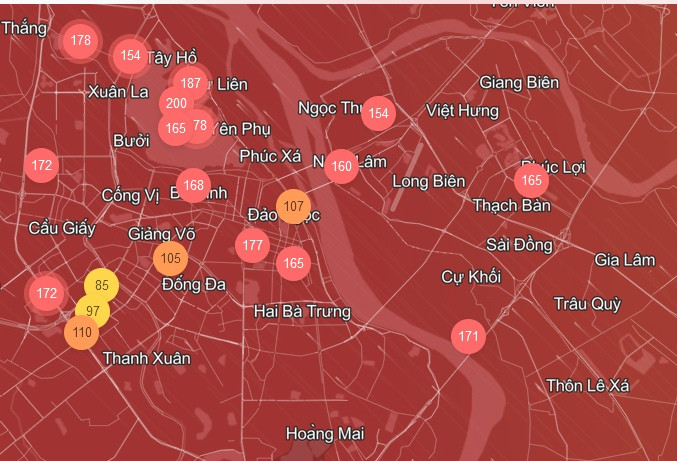 Chỉ số chất lượng không khí tại Hà Nội lúc 10h sáng 26/3: Những nơi màu đỏ là không tốt cho sức khỏe, màu cam là không tốt cho những người cơ địa nhạy cảm, màu vàng là trung bình. Ảnh: IQAir.