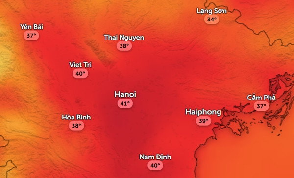 Dự báo nhiệt độ cảm nhận ở một số tỉnh thành miền Bắc vào trưa và chiều 9/6 (thứ Hai). Ảnh: Zoom Earth, OpenStreetMap, ICON. Dự báo nhiệt độ cảm nhận ở một số tỉnh thành miền Bắc vào trưa và chiều 9/6 (thứ Hai). Ảnh: Zoom Earth, OpenStreetMap, ICON.
