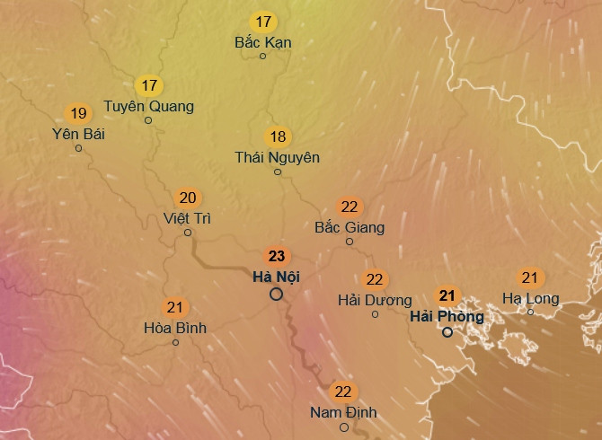 Nhiệt độ cảm nhận ở một số tỉnh thành miền Bắc váo chiều thứ Ba tới, 11/2: Trời ấm hẳn lên. Ảnh: Ventusky, ICON.