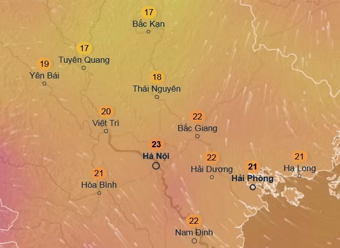 Nhiệt độ cảm nhận ở một số tỉnh thành miền Bắc váo chiều thứ Ba tới, 11/2: Trời ấm hẳn lên. Ảnh: Ventusky, ICON.
