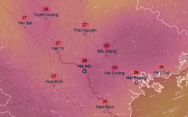 Dự báo nhiệt độ cảm nhận ở một số tỉnh thành miền Bắc chiều 25/5: Trời mát hơn hẳn. Ảnh: Ventusky, GFS. Dự báo nhiệt độ cảm nhận ở một số tỉnh thành miền Bắc chiều 25/5: Trời mát hơn hẳn. Ảnh: Ventusky, GFS.