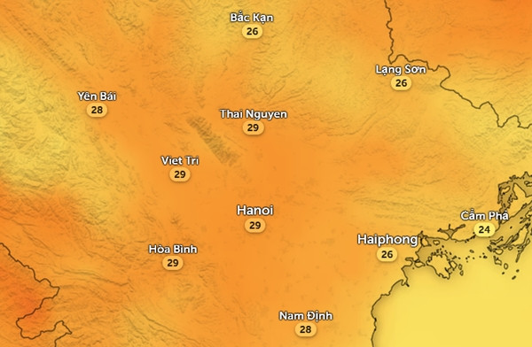 Nhiệt độ cảm nhận ở một số tỉnh thành miền Bắc vào chiều nay, 4/4. Ảnh: Zoom Earth, OpenStreetMap, ICON. Nhiệt độ cảm nhận ở một số tỉnh thành miền Bắc vào chiều nay, 4/4. Ảnh: Zoom Earth, OpenStreetMap, ICON.