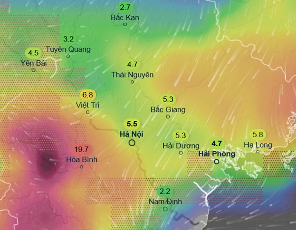 Dự báo mưa dông ở gần như toàn miền Bắc vào ngày 10/5 (màu xanh là mưa nhỏ đến vừa, màu vàng là mưa vừa đến mưa to, màu đỏ là mưa to đến rất to). Ảnh: Ventusky, GFS. Dự báo mưa dông ở gần như toàn miền Bắc vào ngày 10/5 (màu xanh là mưa nhỏ đến vừa, màu vàng là mưa vừa đến mưa to, màu đỏ là mưa to đến rất to). Ảnh: Ventusky, GFS.