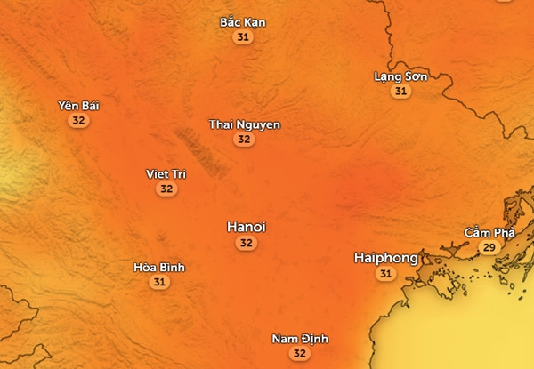 Nhiệt độ cảm nhận ở một số tỉnh thành miền Bắc chiều 15 - 16/4 (nhiệt độ như nhau). Ảnh: Zoom Earth, OpenStreetMap, GFS. Nhiệt độ cảm nhận ở một số tỉnh thành miền Bắc chiều 15 - 16/4 (nhiệt độ như nhau). Ảnh: Zoom Earth, OpenStreetMap, GFS.