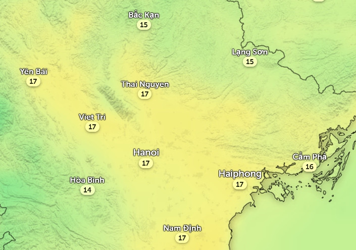 Nhiệt độ cảm nhận ở một số tỉnh thành miền Bắc vào chiều nay, 4/2. Ảnh: Zoom Earth, OpenStreetMap, ICON.