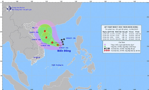 Dự báo của Trung tâm Dự báo Khí tượng Thủy văn Quốc gia trong bản tin lúc 2h sáng 11/6. Ảnh: KTTV.