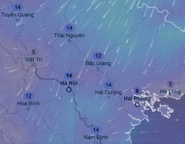 Dự báo gió mùa Đông Bắc sẽ về miền Bắc vào khoảng ngày 12/4 (những con số trong hình là tốc độ gió, tính theo km/h). Ảnh: Ventusky, ICON. Dự báo gió mùa Đông Bắc sẽ về miền Bắc vào khoảng ngày 12/4 (những con số trong hình là tốc độ gió, tính theo km/h). Ảnh: Ventusky, ICON.