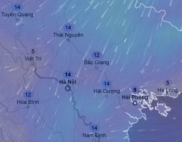 Dự báo gió mùa Đông Bắc sẽ về miền Bắc vào khoảng ngày 12/4 (những con số trong hình là tốc độ gió, tính theo km/h). Ảnh: Ventusky, ICON.