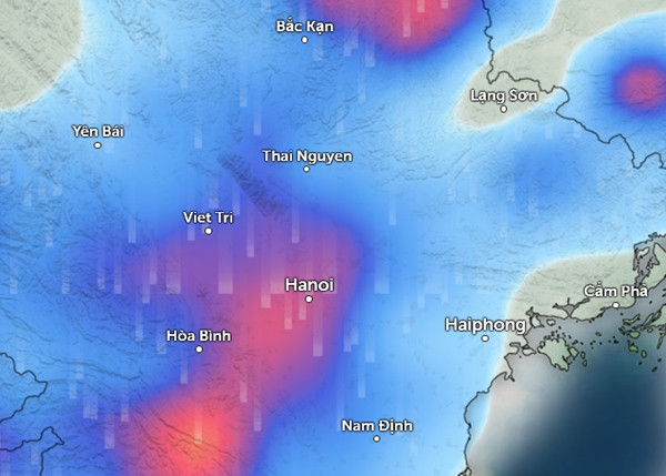 Dự báo mưa ở nhiều tỉnh thành miền Bắc vào chiều hoặc chiều tối 23/5 (những vùng màu xanh da trời là mưa nhỏ đến vừa, màu đỏ là mưa vừa đến mưa to). Ảnh: Zoom Earth, OpenStreetMap, ICON. Dự báo mưa ở nhiều tỉnh thành miền Bắc vào chiều hoặc chiều tối 23/5 (những vùng màu xanh da trời là mưa nhỏ đến vừa, màu đỏ là mưa vừa đến mưa to). Ảnh: Zoom Earth, OpenStreetMap, ICON.