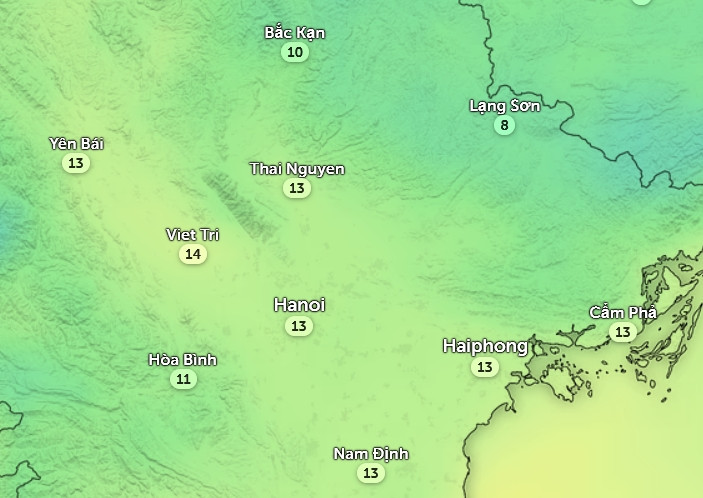 Nhiệt độ cảm nhận ở một số tỉnh thành miền Bắc vào sáng mai, 10/1. Ảnh: Zoom Earth, OpenStreetMap, ICON. Nhiệt độ cảm nhận ở một số tỉnh thành miền Bắc vào sáng mai, 10/1. Ảnh: Zoom Earth, OpenStreetMap, ICON.