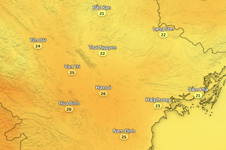 Nhiệt độ cảm nhận ở một số tỉnh thành miền Bắc vào chiều nay, 24/1. Ảnh: Zoom Earth, OpenStreetMap, ICON.
