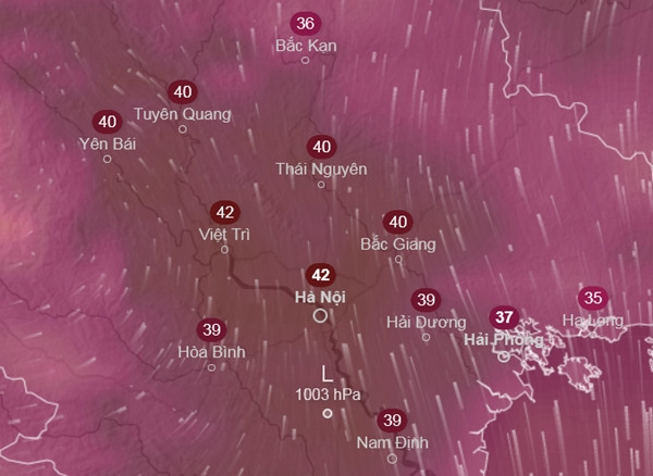 Phần lớn các mô hình dự báo Hà Nội lại có nắng nóng vào ngày 18 - 19/6 (thứ Tư, thứ Năm tới). Trong hình là nhiệt độ cảm nhận dự báo ở một số tỉnh thành miền Bắc vào chiều 19/6 (thứ Năm). Ảnh: Ventusky, ICON. Phần lớn các mô hình dự báo Hà Nội lại có nắng nóng vào ngày 18 - 19/6 (thứ Tư, thứ Năm tới). Trong hình là nhiệt độ cảm nhận dự báo ở một số tỉnh thành miền Bắc vào chiều 19/6 (thứ Năm). Ảnh: Ventusky, ICON.