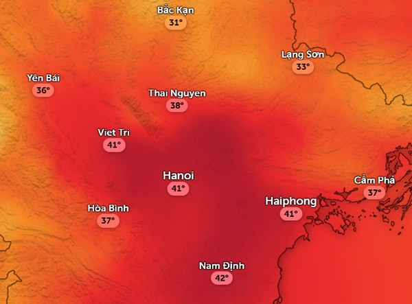 Dự báo nhiệt độ cảm nhận ở một số tỉnh thành miền Bắc chiều 19/6 (thứ Năm tới). Ảnh: Zoom Earth, OpenStreetMap, ICON.