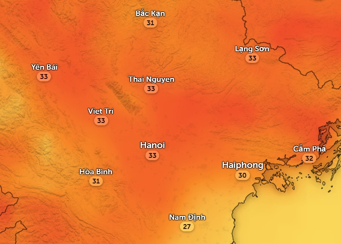Nhiệt độ cảm nhận ở một số tỉnh thành miền Bắc trưa và chiều nay, 28/3. Ảnh: Zoom Earth, OpenStreetMap, ICON. Nhiệt độ cảm nhận ở một số tỉnh thành miền Bắc trưa và chiều nay, 28/3. Ảnh: Zoom Earth, OpenStreetMap, ICON.