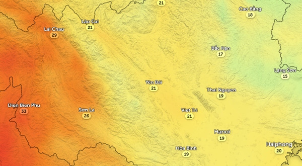 Dự báo sẽ có những mức nhiệt độ chênh lệch lớn ở các khu vực tại miền Bắc vào chiều mai, 29/3. Ảnh: Zoom Earth, OpenStreetMap, ICON. Dự báo sẽ có những mức nhiệt độ chênh lệch lớn ở các khu vực tại miền Bắc vào chiều mai, 29/3. Ảnh: Zoom Earth, OpenStreetMap, ICON.