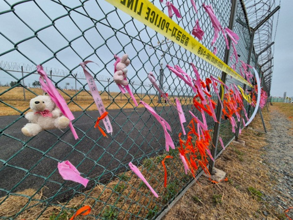 Những dải băng được buộc ở hàng rào Sân bay Muan vào ngày thứ 100 kể từ khi vụ tai nạn máy bay Jeju Air xảy ra. Ảnh: JoongAng Ilbo.