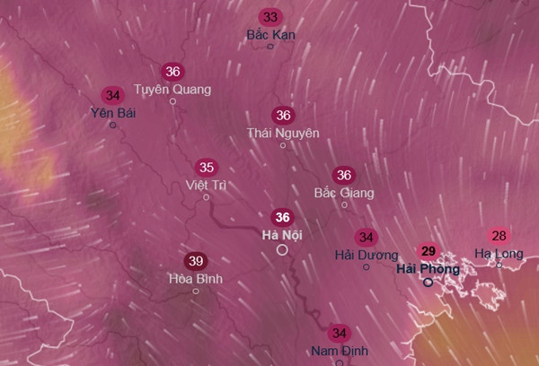 Dự báo nhiệt độ cảm nhận ở một số tỉnh thành miền Bắc vào chiều 27/3. Ảnh: Ventusky, ICON. Dự báo nhiệt độ cảm nhận ở một số tỉnh thành miền Bắc vào chiều 27/3. Ảnh: Ventusky, ICON.