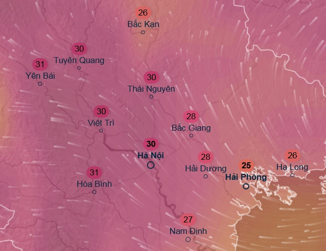 Dự báo nhiệt độ cảm nhận ở một số tỉnh thành miền Bắc vào chiều thứ Sáu tới, 14/3. Ảnh: Ventusky, GFS.